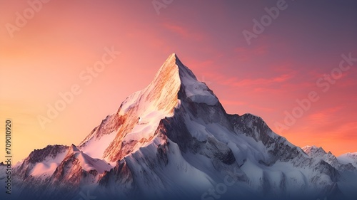 A snowy mountain peak illuminated by the soft light of the setting sun