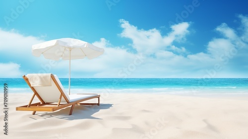 The exotic tropical sea with beach chairs and umbrella on the beach. © PhornpimonNutiprapun