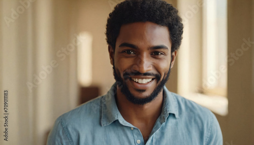 Black Man with Big Smile, Short Curly Hair and Blue Jeans in Headshot