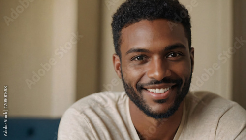 Black Man with Big Smile and Curly Hair in Tan Shirt  Posing for Portrait in Soft Light