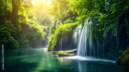 Lush Waterfall Oasis  Greenery Surrounding Waterfall  Refreshing Water Flow Amidst Foliage  Harmony of Green and Flowing Waters