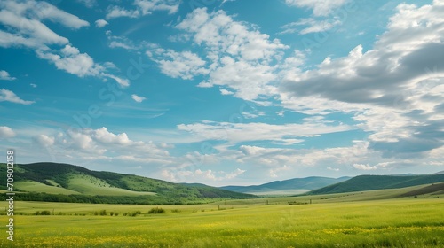 landscape green meadow with hills and blue sky with clouds © PSCL RDL