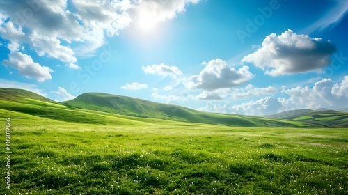 landscape green meadow with hills and blue sky with clouds © PSCL RDL