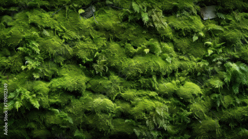 Vivid green moss covering rocks in a dense forest, displaying textures of nature.