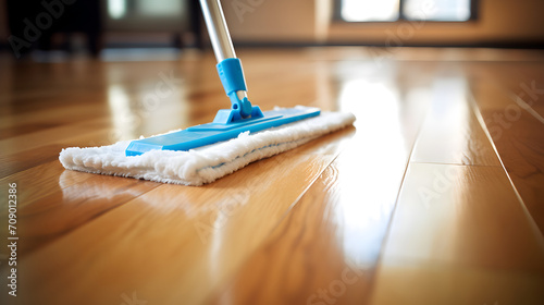 Cleaning the floor with mop, Cleaning tools on parquet floor