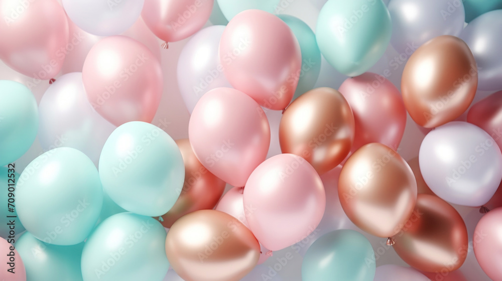 An array of pastel-colored helium balloons creates a soft, festive atmosphere for celebrations.