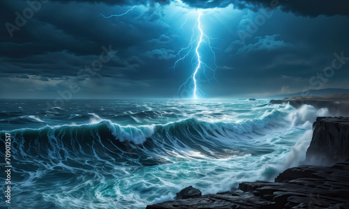 big blue lightning strikes the stormy sea