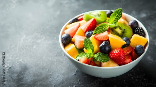 Healthy fresh fruit salad bowl on dark background.