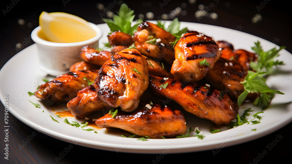 Grilled chicken wings served on a white plate