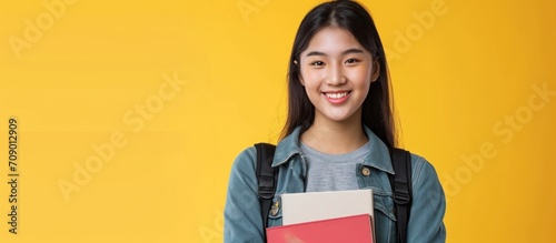Asian college student posing against yellow studio backdrop with books and backpack, conveying education theme.