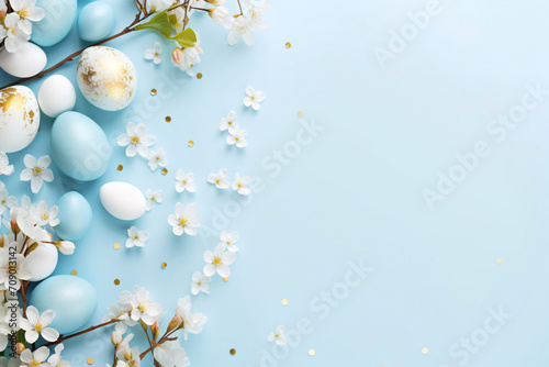 Blue delicate background, with Easter decor, place for an inscription, eggs, flowering branches