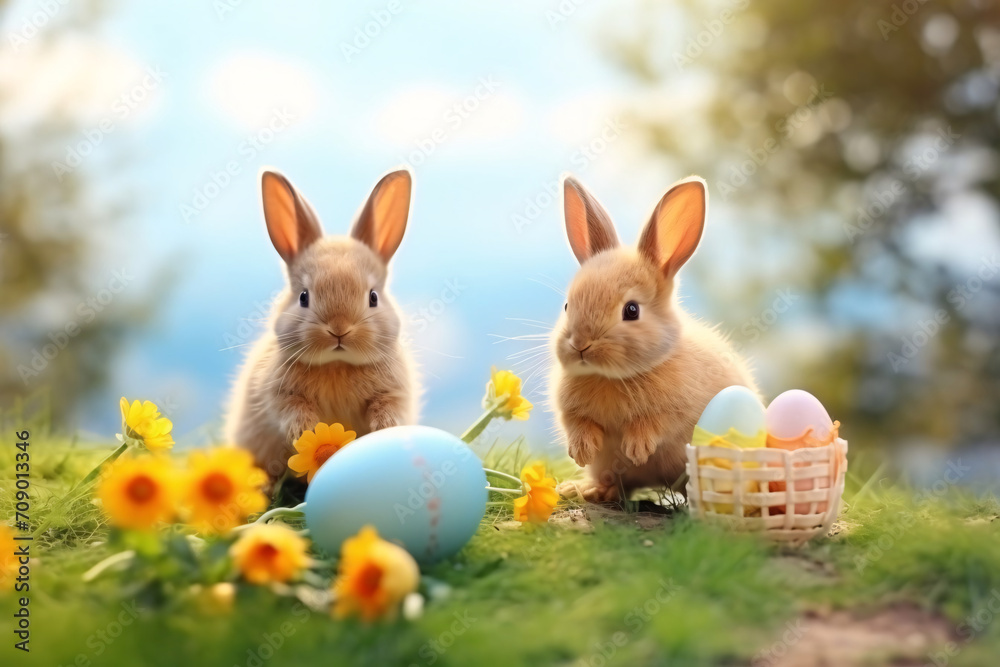 cute easter bunnies on the green lawn