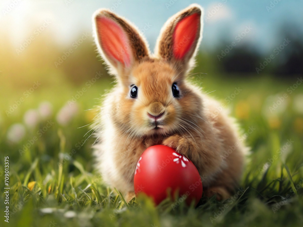 Cute fuffy Easter bunny with red Easter egg on the meadow