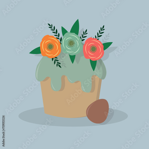 Easter cake with decorated eggs and flowers. Colorful flat vector illustration.