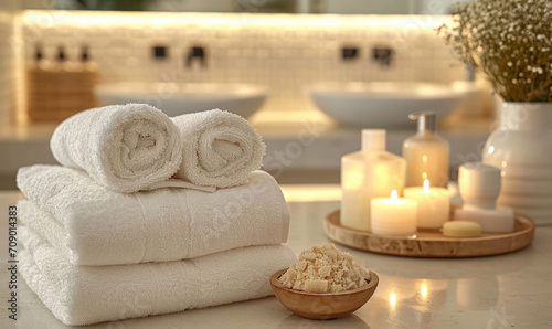 Clean towels on table in Spa setting, Hotel and resort concept, Space for text © STORYTELLER AI