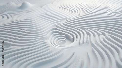 Abstract 3d banner with white embossed maze in form of fingerprint. Three-dimensional illustration of a maze, paths, lines, obstacles. Modern design concept for medicine, technology, business