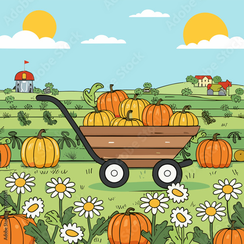Autumn landscape. harvesting, autumn, rural landscape. wheelbarrow, pumpkins, autumn. autumn garden