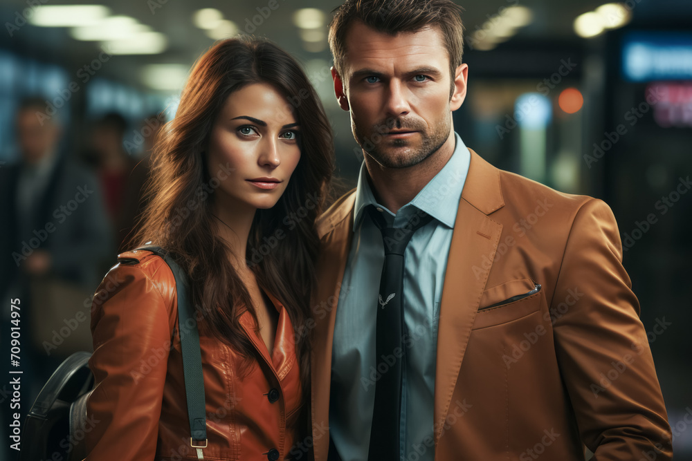 Business couple in airport or train station during the business trip