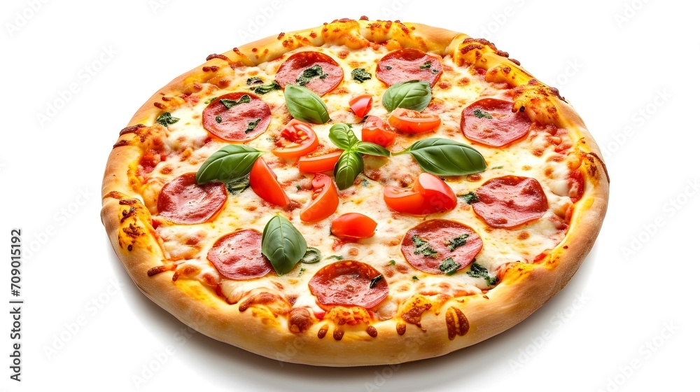 Craft a realistic whole pizza, making its presence felt on an isolated white solid background