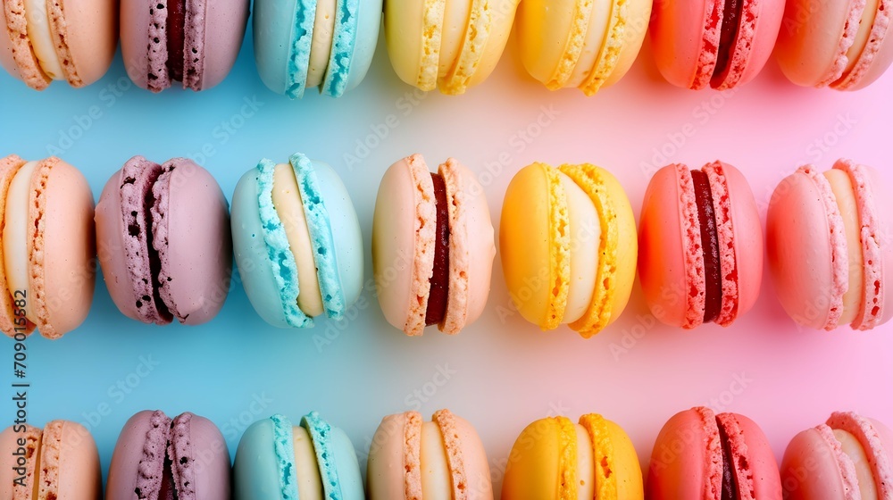 Colorful macarons arranged in a gradient texture. Colorful macarons arranged in a gradient texture.