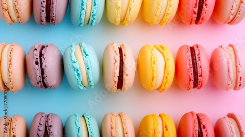 Colorful macarons arranged in a gradient texture.