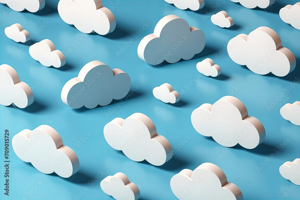 3D white clouds pattern on a blue pastel background suggesting exploration and adventure travel 3D white clouds pattern on a blue pastel background suggesting exploration and adventure travel