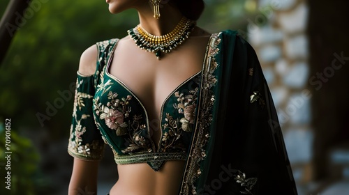 Close up detail of woman wearing dark green lehenga