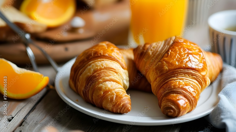 Morning Routine: A neatly arranged breakfast featuring a freshly baked croissant, a steaming cup of coffee and a newspaper on a table Morning Routine: A neatly arranged breakfast featuring a freshly baked croissant, a steaming cup of coffee and a newspaper on a table