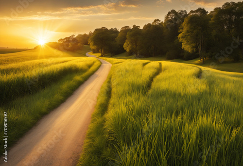 Grass by the road at sunset. The golden rays of the sun shine through the green grass. Countryside landscape background.