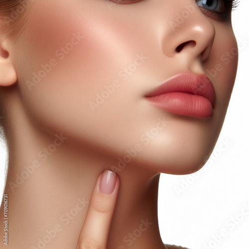 Close-up of a beautiful face  young girl  brunette with natural beauty  glowing skin without makeup  touches her neck with a finger. Part of the face  cosmetology concept. Cosmetics  beauty products. 