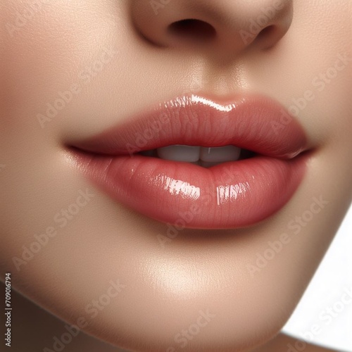 Close-up of a beautiful face, young girl with natural beauty, glowing skin without makeup. Part of the face, cosmetology concept. Cosmetics, beauty products. Lips without lipstick. White teeth.