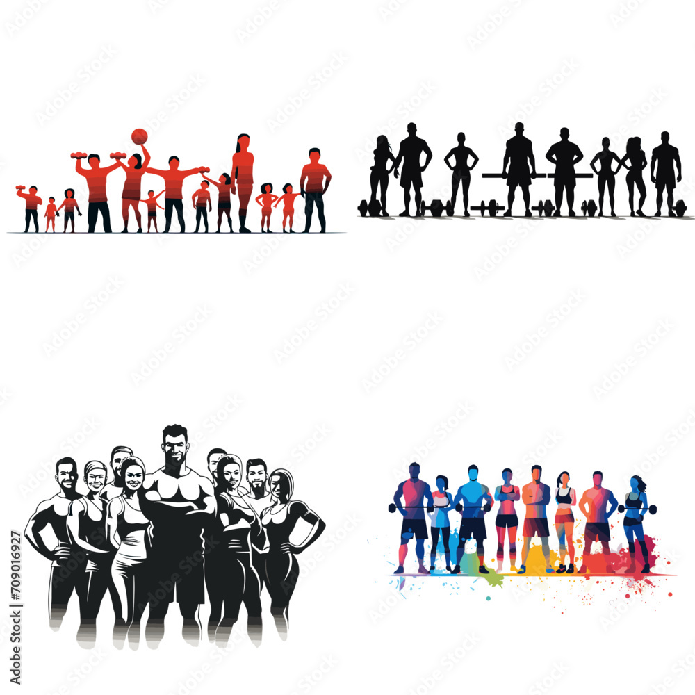 Fitness Class Dumbbell and Group of People .simple isolated line styled vector illustration