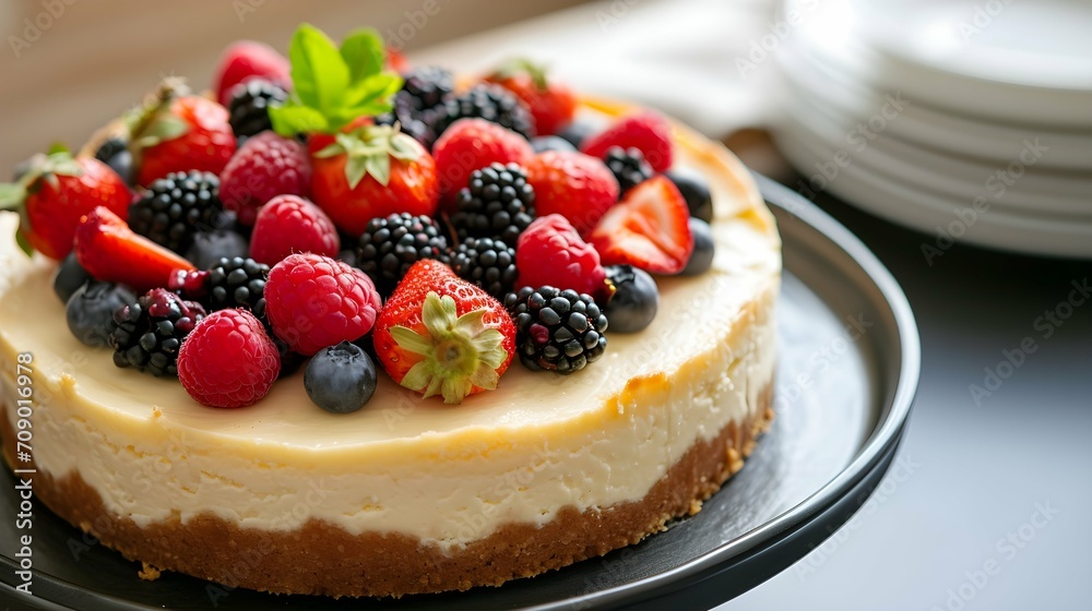 Baked cheesecake toped with mixed berries
