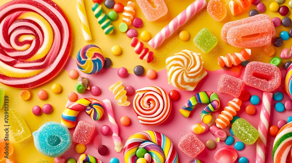 Top view of a colorful candy assortment on a bright background. 
