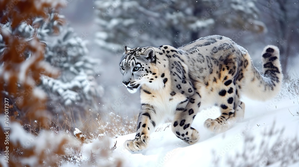 A majestic snow leopard gracefully navigating through a wintry landscape A majestic snow leopard gracefully navigating through a wintry landscape