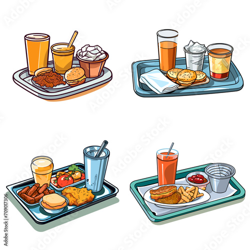 Hospital Cafeteria Tray with Food and Drink .simple isolated line styled vector illustration