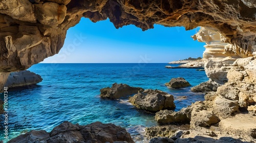 Sea Caves in Agia Napa, Cyprus, with a clear blue sky as the background, during a sunny afternoon