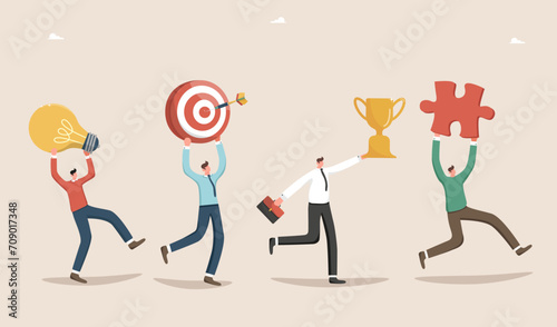 Teamwork to achieve heights in work, collaboration or partnership to complete tasks successfully, brainstorming to achieve business goals, team motivation and performance, work team running to success