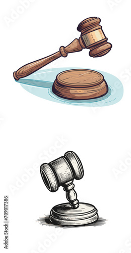Online Auction Bidding Bidder Paddle and Auction Hammer .simple isolated line styled vector illustration