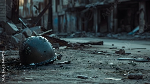Stampa su tela A fallen steel helmet of an unknown solider on a street of a destroyed city , de
