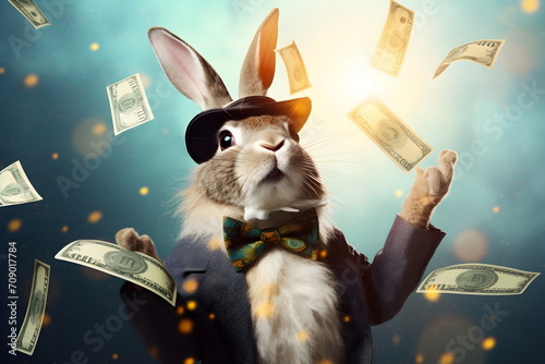 flying dollar banknotes around easter rabbit , Generative AI
