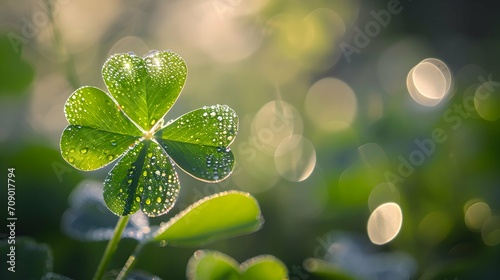 A dew-kissed four-leaf clover glistens against a bokeh backdrop  symbolizing luck and nature s beauty