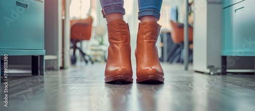 Female professional swaps shoes from heels to boots at the office. Fatigued legs after work.