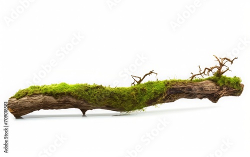 On a white backdrop, there's a side-view image featuring vibrant green moss growing on a deteriorating branch, surrounded by soil, with a clipping path included.