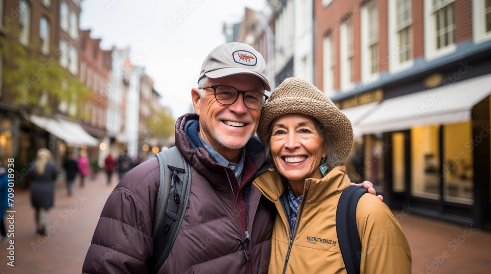 Happy retired couple on vacation while traveling in Europe Happy retired couple on vacation while traveling in Europe