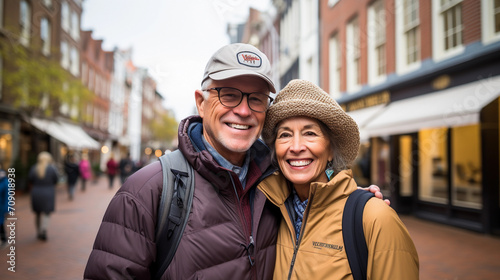 Happy retired couple on vacation while traveling in Europe