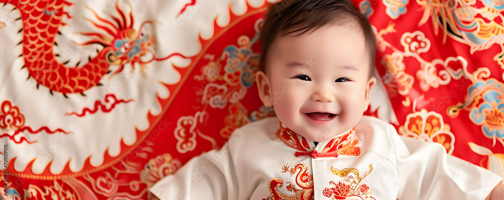 Happy Asian baby in Chinese traditional dress on bed. Chinese new year concept. Happy Asian baby in Chinese traditional dress on bed. Chinese new year concept.