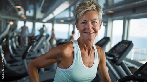 Senior woman working out in the gym on a cruise ship