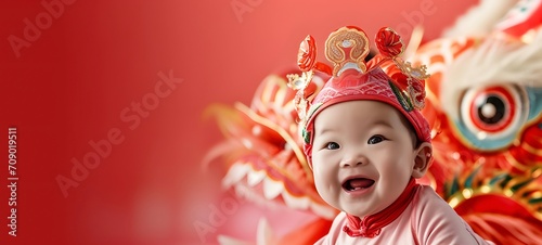 Portrait of happy Asian baby. Chinese new year concept.