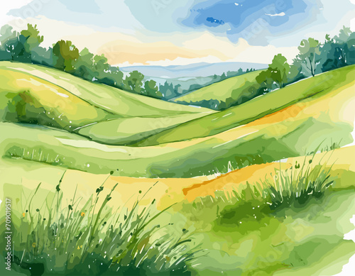 Rural landscape with river. Watercolor hand drawn background